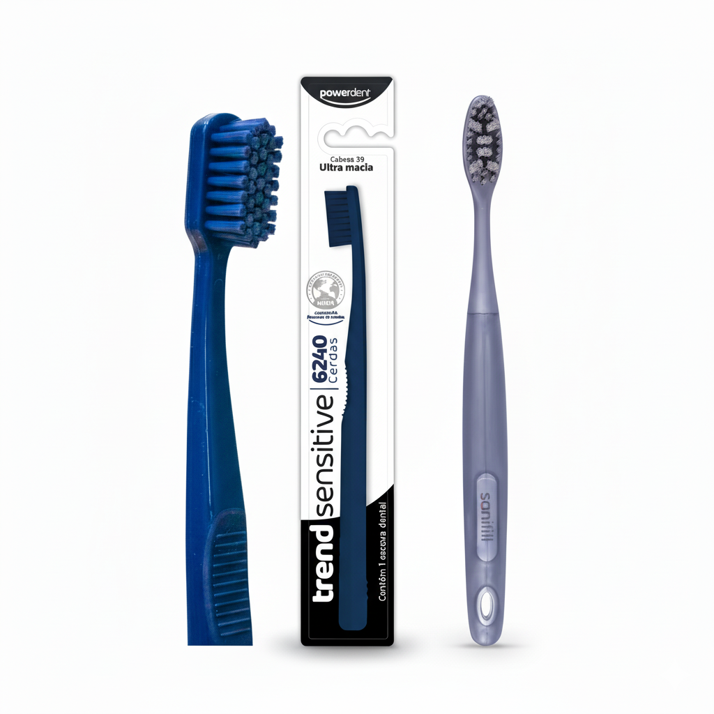 Composição visual das escovas Powerdent e Sanifill lado a lado, simbolizando a avaliação de custo-benefício de marcas nacionais.