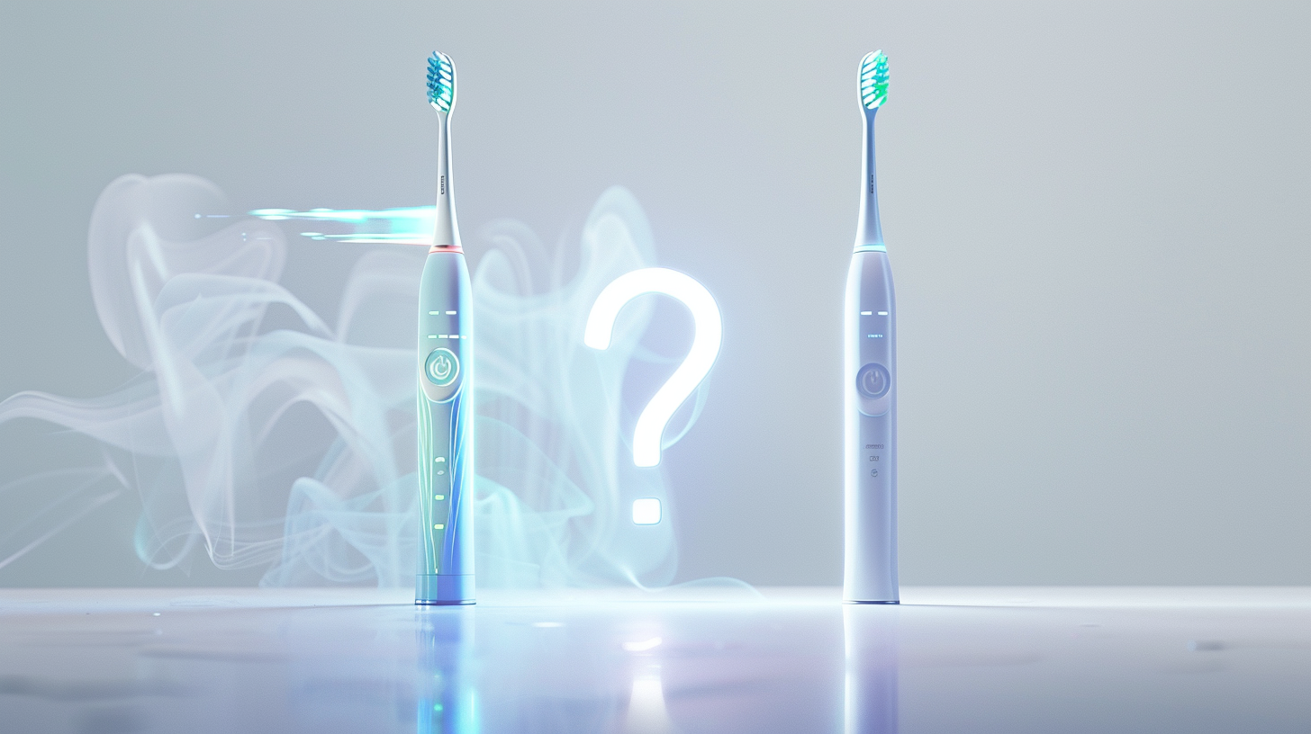 Comparativo visual entre uma escova eletrica (tecnológica) e uma manual, separadas por um ponto de interrogação ou gráfico de dados.
