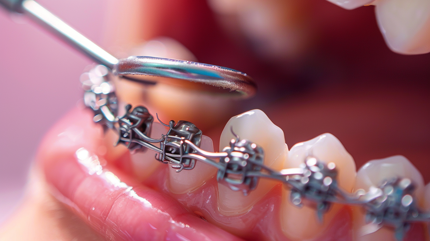 Foto de uma escova ortodôntica e uma escova interdental limpando os bráquetes e o fio do aparelho.