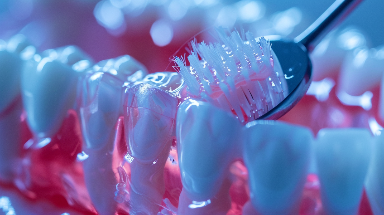 Imagem macro de cerdas ultramacias escovando suavemente uma linha da gengiva inflamada (melhor escova de dentes para gengivite).