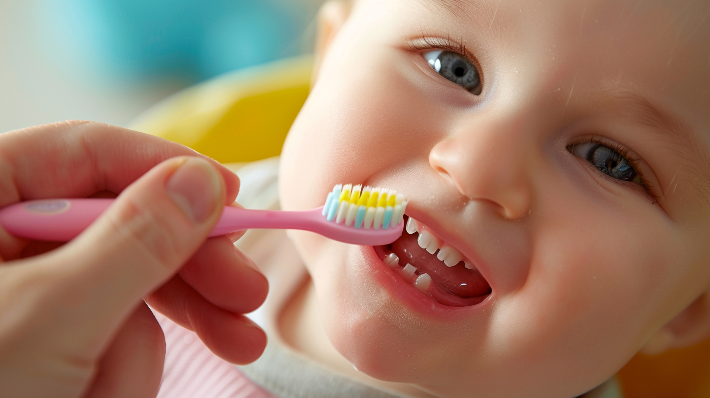 Mão adulta segurando a melhor escova de dente para bebê (dedeira ou escova de treinamento) na gengiva infantil.
