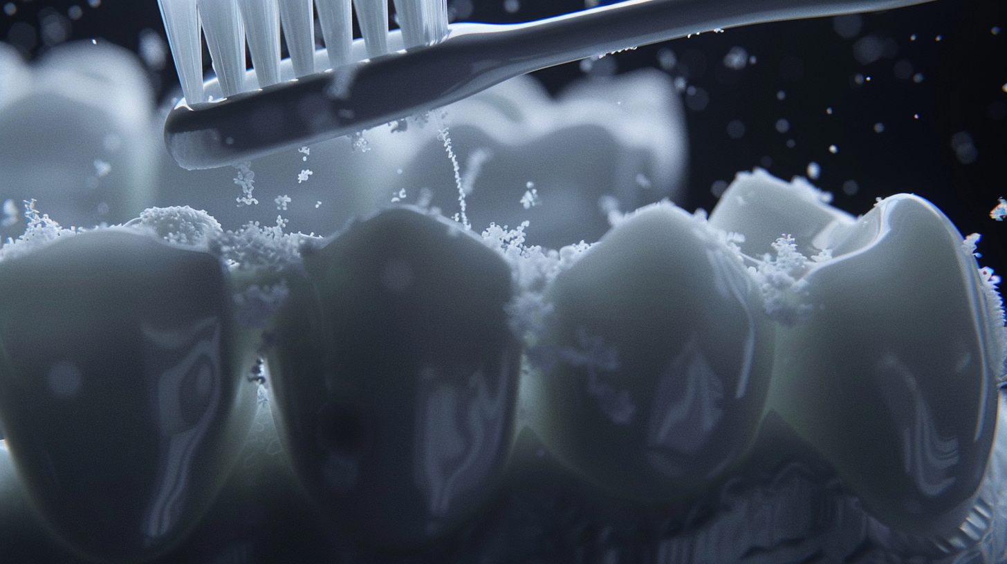 Imagem macro de uma escova e uma escova interdental limpando o espaço entre os dentes para prevenir o tártaro.