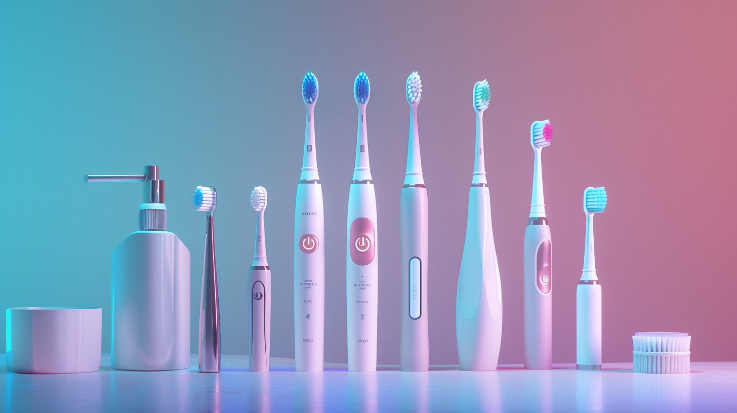 Composição moderna com escova elétrica, manual e infantil, simbolizando o guia completo para a melhor escova de dente
