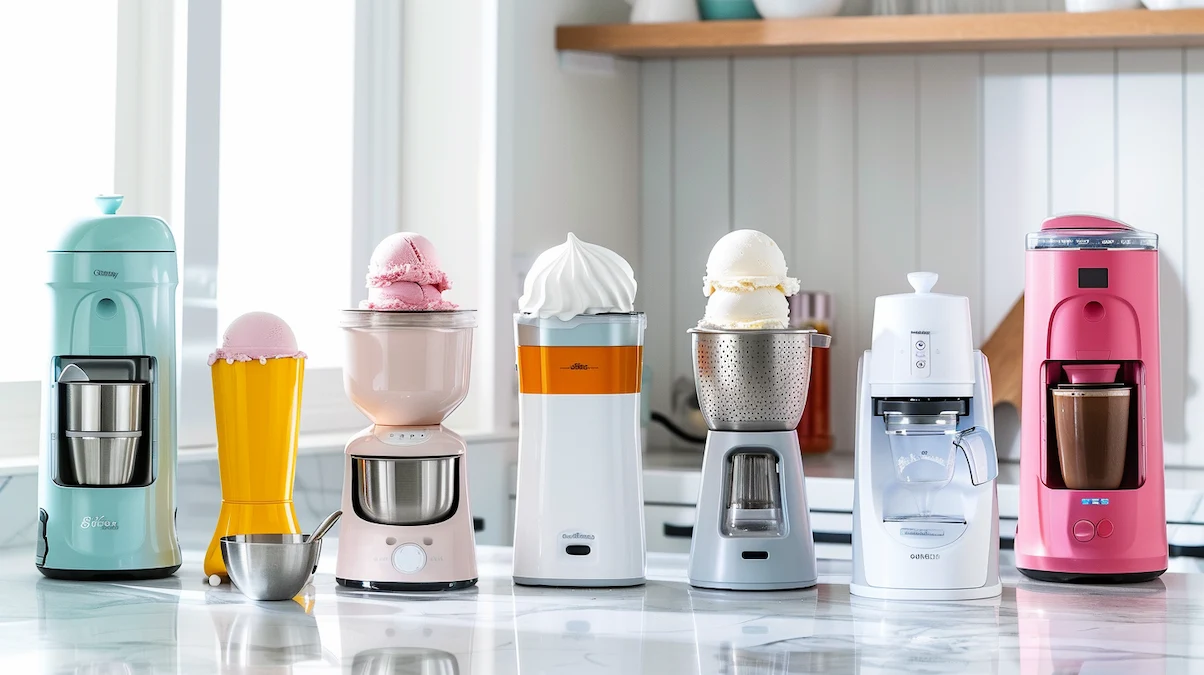Comparação de diferentes modelos de máquina de sorvete barata em bancada de cozinha moderna