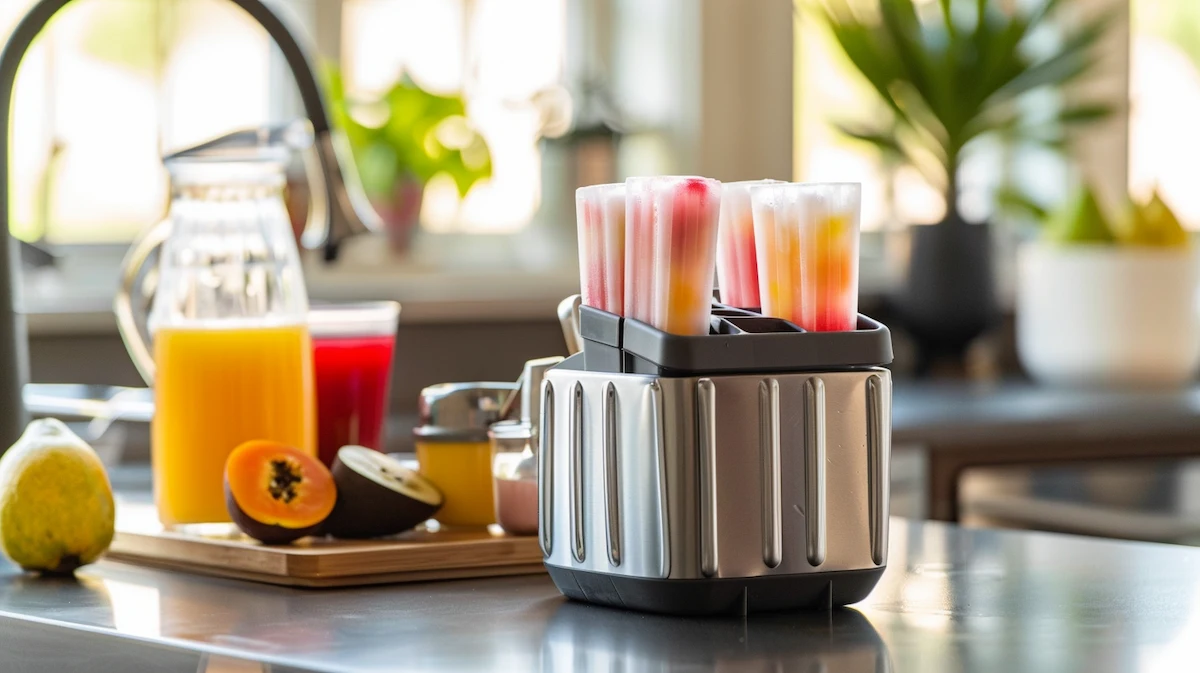 Máquina de picolé usada e formas metálicas em cozinha residencial clara, picolés coloridos e ingredientes frescos ao redor.