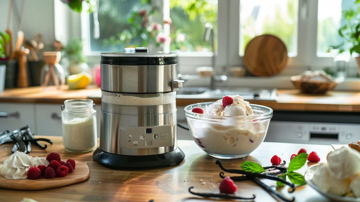 Máquina de sorvete doméstica moderna em bancada de cozinha, rodeada por ingredientes naturais e sorvete caseiro em tigela de vidro.