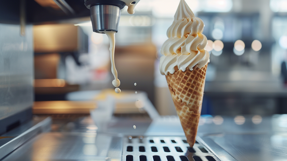 Máquina de sorvete expresso comercial moderna dispensando sorvete cremoso em casquinha, ambiente de loja limpa e iluminada naturalmente.