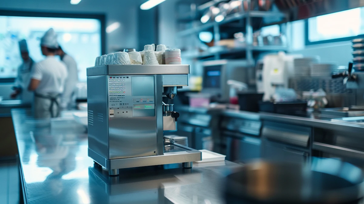 Máquina de sorvete industrial premium em cozinha de fábrica moderna, com painel digital e acabamento em aço inox.