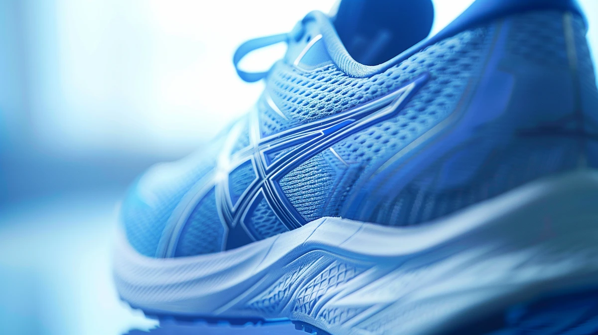 Close-up da tecnologia GEL visível no calcanhar de um tênis de corrida Asics Nimbus, com textura de espuma macia e logo da marca em destaque, ilustrando máximo amortecimento.