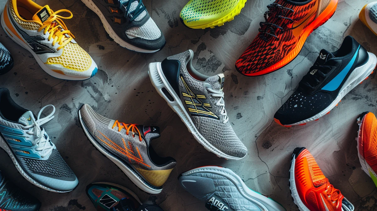 Coleção organizada de tênis de corrida de várias marcas como Nike, Asics e Under Armour sobre uma superfície de concreto, representando as melhores opções de 2025.