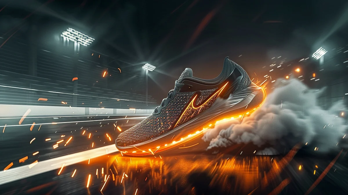 Ilustração artística mostrando a camada interna de fibra de carbono de um tênis de corrida em alta velocidade.