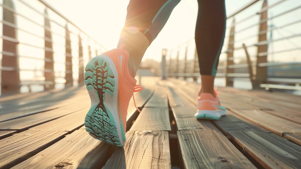 Mulher se alongando ao ar livre usando um tênis de corrida feminino moderno e colorido.