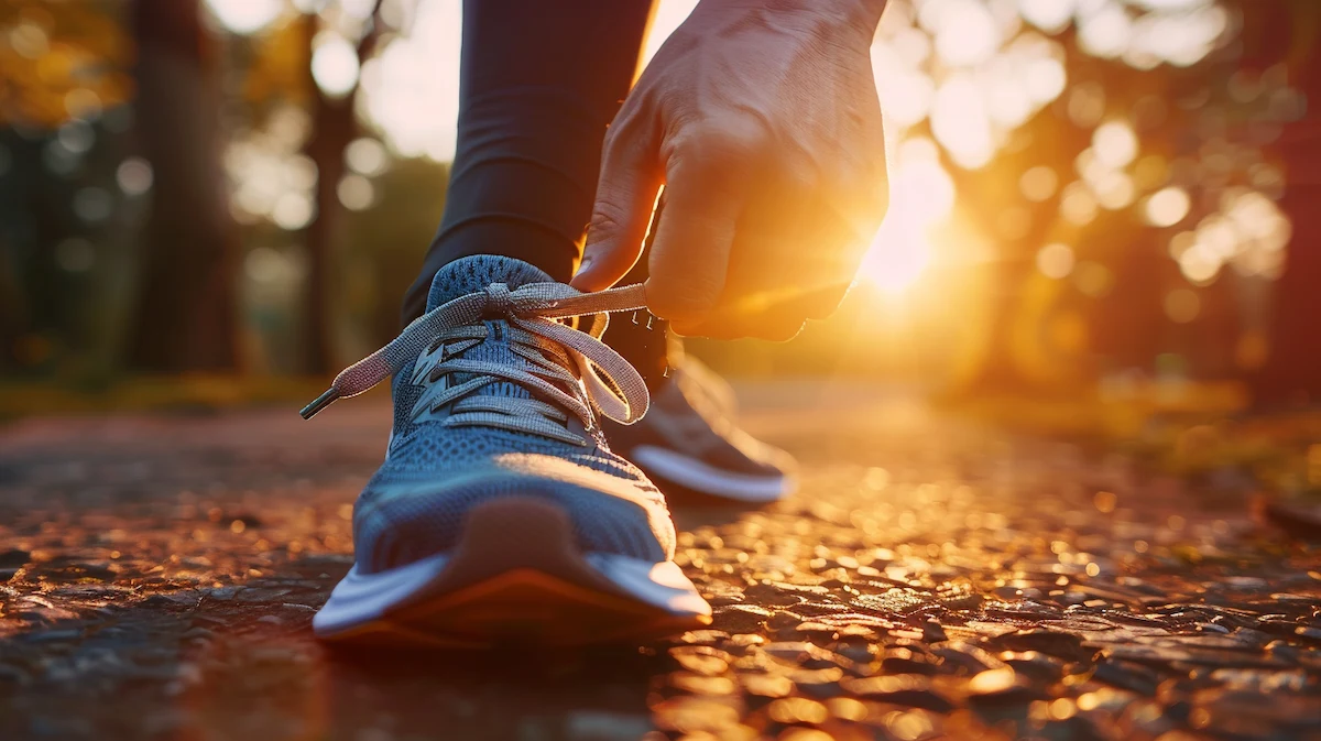 Visão em primeira pessoa de alguém amarrando um tênis de corrida barato e moderno em um parque ao nascer do sol.