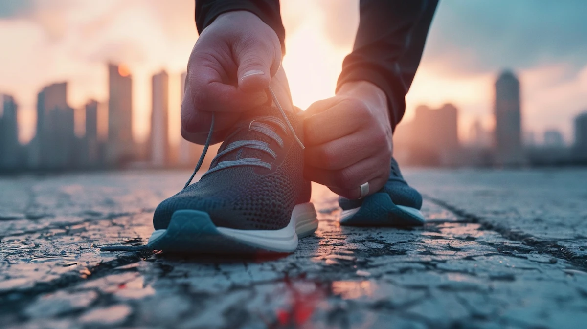 Homem amarrando um tênis de corrida masculino resistente em cenário urbano ao amanhecer.