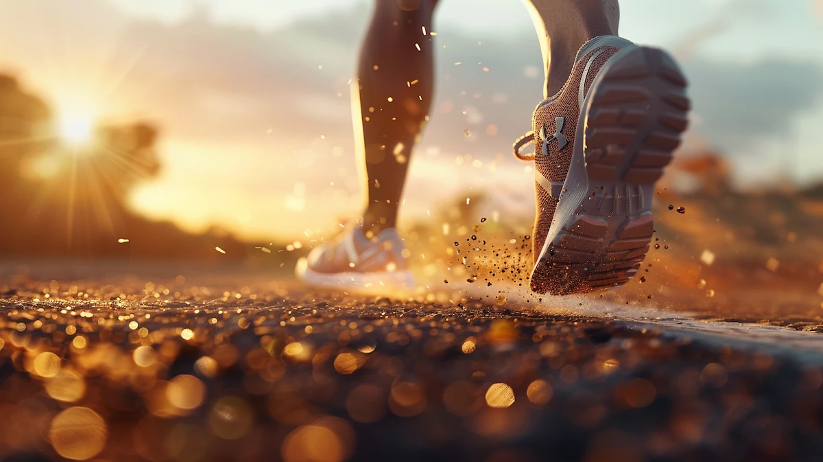 Corredor usando tênis de corrida Under Armour HOVR com logo visível na lateral em pista de asfalto.